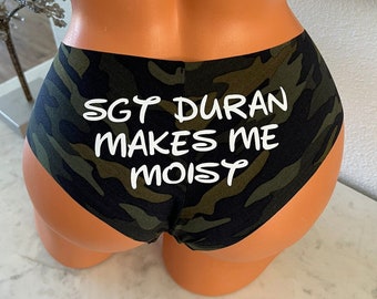 Personalized Military Rank and Name Makes Me Moist camouflage Victoria Secret No Show Cheeky Panty - *FAST SHIPPING* Military panties