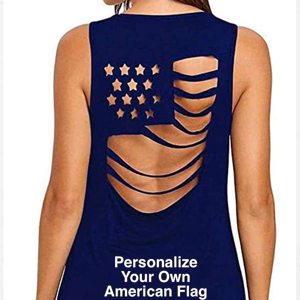 Womens Blue American Flag Pattern Sleeveless Hollow Out tank top, 4th of July, Patriotic Tank, Military Tank, Plus Size Available Etsy Sale