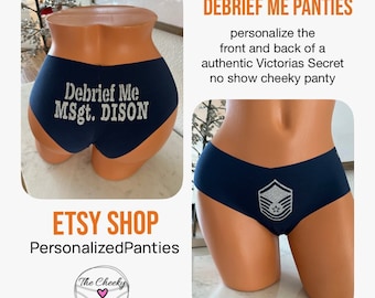 Debrief Me Personalized Military Rank and Name blue authentic Victorias Secret No Show Cheeky Panty with rank insignia on front
