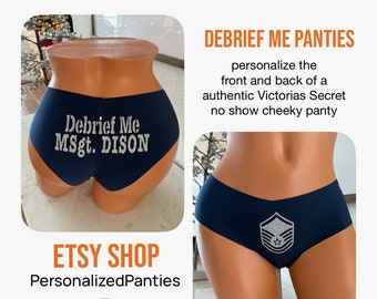 Debrief Me Personalized Military Rank and Name blue authentic Victorias Secret No Show Cheeky Panty with rank insignia on front