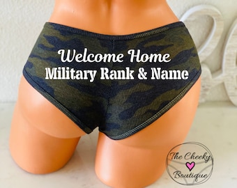 Welcome Home Military Rank and Name Camo Victoria Secret Ribbed Cotton Cheekster personalized panties * FAST SHIPPING * Military Underwear