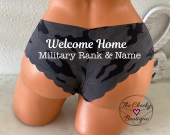 Personalize a Welcome Home Military Rank and Name Black Camo Victoria Secret No Show Cheeky Panty *FAST SHIPPING* Military Wife, Girlfriend