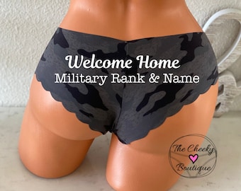 Personalize a Welcome Home Military Rank and Name Black Camo Victoria Secret No Show Cheeky Panty *FAST SHIPPING* Military Wife, Girlfriend