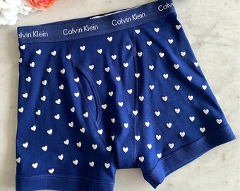 Calvin Klein Blue Boxer Briefs with little hearts white velvet hearts all over, Fast Shipping, Clothing, Mens Clothing, Underwear, Etsy Sale