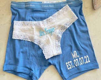 Mr. and Mrs. personalized Calvin Klein Boxer Briefs and Victoria Secret All Cotton Cheeky Underwear, FAST SHIPPING, For the Bride and Groom