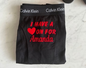 Buy personalized Calvin Klein black boxer briefs with I have a heart on for and add any name. Perfect Valentine's Day gift!