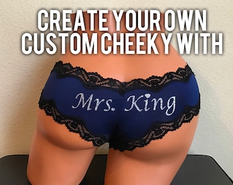 Personalized a Victoria Secret Blue with Black Lace Trim Cheeky Panty * FAST SHIPPING *  Bachelorette Party, Bridal Shower, Boudoir Shoot