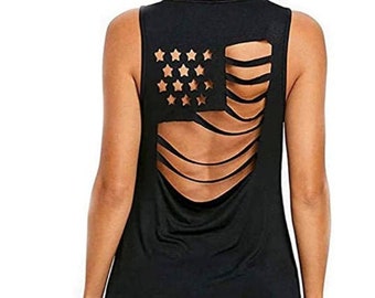 Womens Black American Flag Pattern Sleeveless Hollow Out tank top, 4th of July, Patriotic Tank, Military Tank, Plus Size Available Etsy Sale