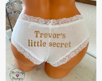 Who's little secret Personalized on a authentic white Victorias Secret Cotton Floral Lace Waist Cheeky Panty