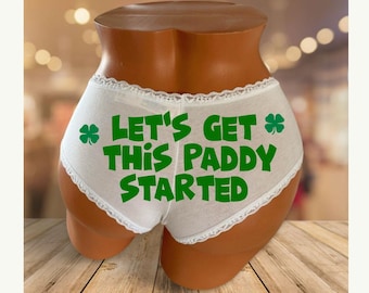 Personalized Let's Get This Paddy Started Victoria's Secret White Lace Waist Cotton Panty *FAST SHIPPING* -  Plus Size Options