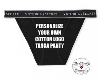 Personalize a Victoria Secret black Cotton Logo Tanga Panty ** FAST SHIPPING ** Christmas Gift Idea