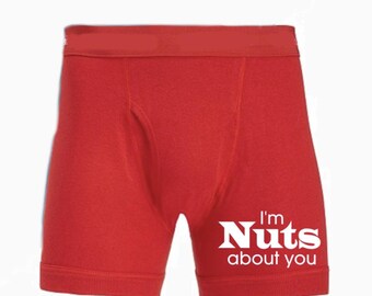 Custom red boxer briefs - I'm nuts about you / personalized on the Left Leg - Christmas Gift Idea