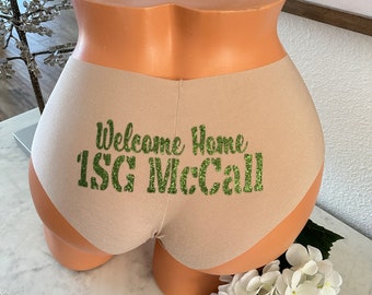 Victoria Secret Nude Custom Underwear Personalized with Welcome Home and your Soldiers Rank and Name.  Army, Deployment, Bride gifts