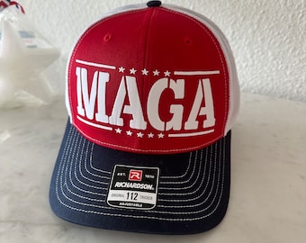 Personalized Trucker Hat, MAGA, 112 Richardson Adult fitted Adjustable snapback Red/White/Navy, Custom Red Trucker Hat