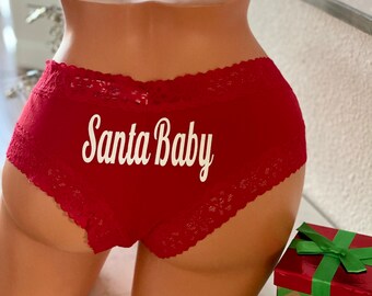 Victoria's Secret Santa Baby red lace trim Cheeky Christmas Panties or a Stocking Stuffer Gift * FAST SHIPPING *