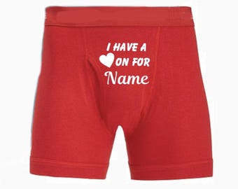 Custom red boxer briefs / I have a heart on for / Personalization in center / Christmas Gift for Him / Funny Underwear