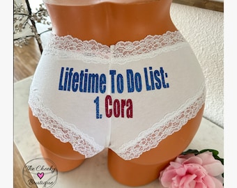 Lifetime to do list Personalized white Victorias Secret Cotton Floral Lace Waist Cheeky Panty, FAST SHIPPING