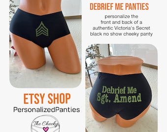 Debrief Me Personalized Military Rank and Name black authentic Victorias Secret No Show Cheeky Panty with rank insignia on front