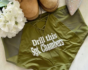 Drill this Military Rank and Name Plus Size Olive Green Brief, FAST SHIPPING, Deployment Homecoming, Military Plus Size Panties