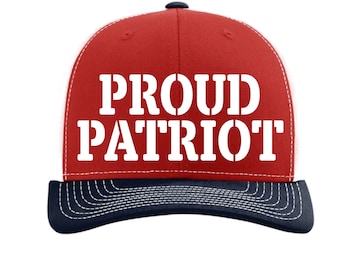 Personalized Trucker Hat, Proud Patriot, 112 Richardson Adult fitted Adjustable snapback Red/White/Navy, Custom Red Trucker Hat
