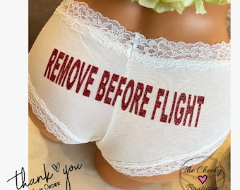 Personalized panties Remove Before Flight white Victorias Secret Cotton Floral Lace Waist Cheeky Panty, FAST SHIPPING