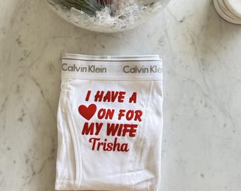 I have a heart on for Calvin Klein personalized boxer briefs. FAST SHIPPING. cotton anniversary. birthday underwear. funny boxer briefs