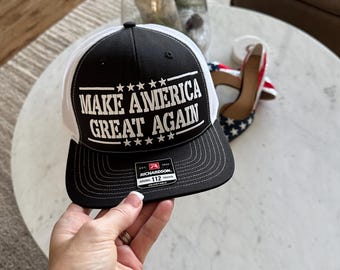 Personalized Trucker Hat, Make America Great Again, 112 Richardson Adult fitted Adjustable snapback Black, Custom Black Trucker Hat