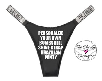 Personalize a Victoria Secret Bombshell Shine Strap Brazilian Black Panty ** FAST SHIPPING ** Valentines Day Gift Idea