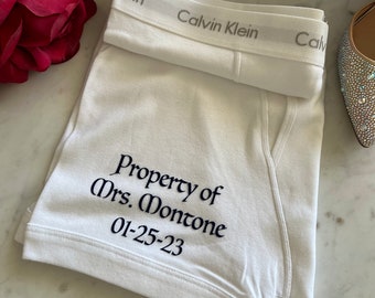 Personalized Property of with Wedding Date Mens Authentic Calvin Klein White Boxer Briefs