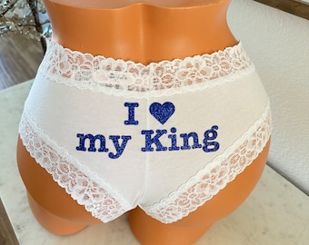 I love my king white Victoria Secret Cheeky personalized panty *FAST SHIPPING* Bridal Shower, Bachelorette, Birthday Gift, Gift for Him