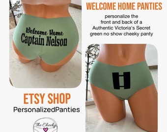 Welcome Home Military Rank and Name with Rank Insignia on the front of an authentic Victoria Secret green no show panties