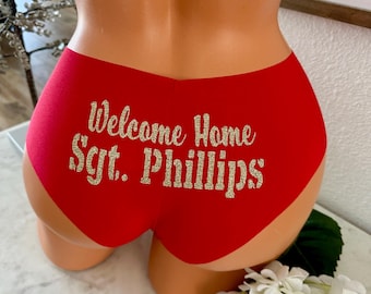 Victoria Secret Red Custom Underwear Personalized with Welcome Home and your Soldiers Rank and Name.  Army, Deployment, Bride gifts
