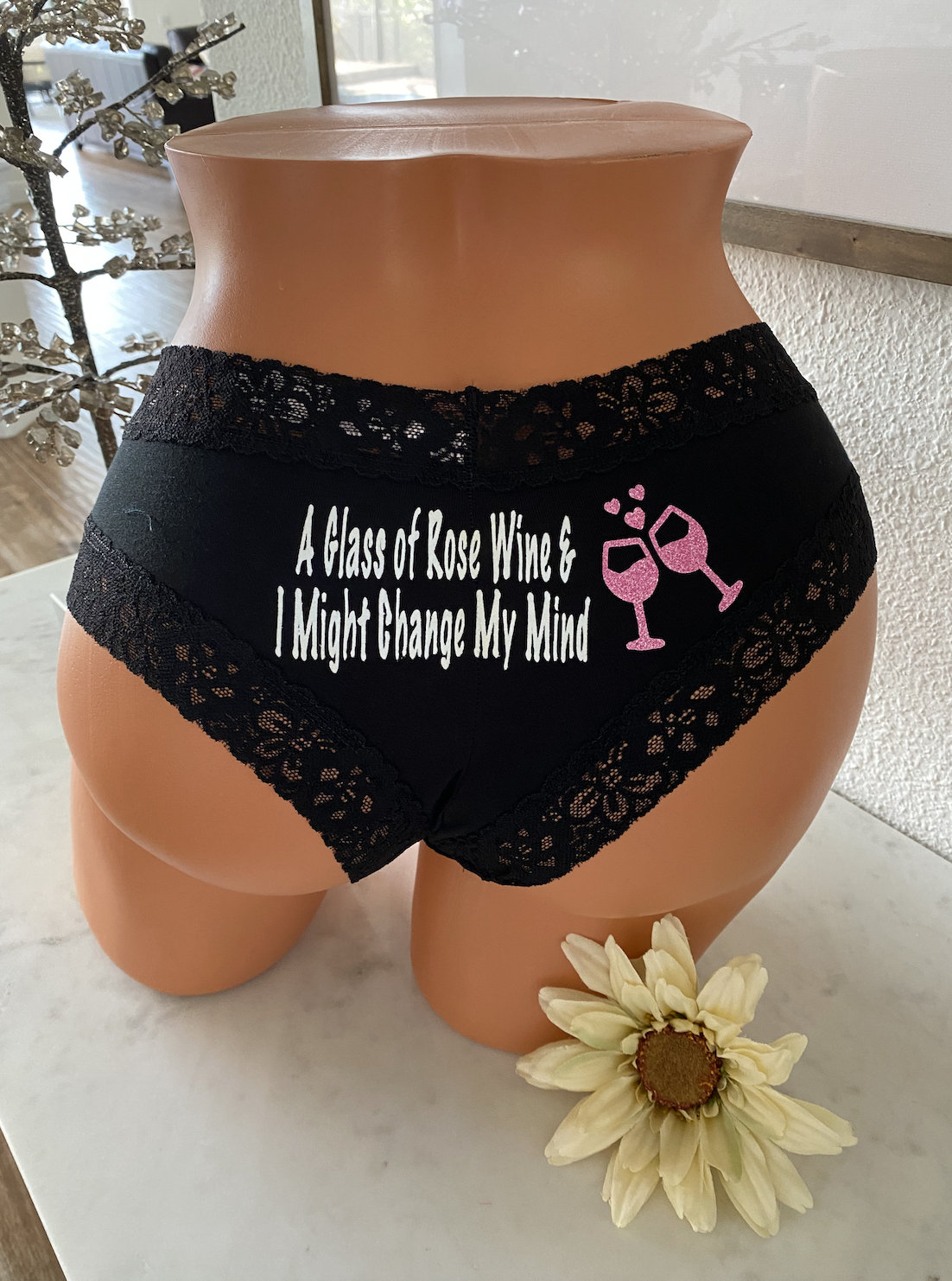 A Glass of ROSE Wine and I Might Change My Mind Victoria Secret Black  Cheeky Panty FAST SHIPPING Fun Panties, Birthday Gift 