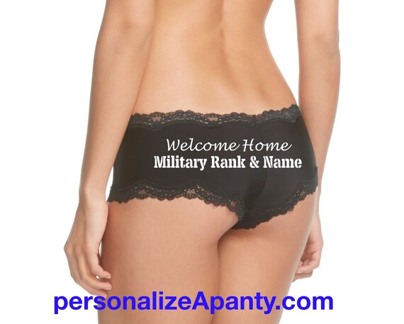 Personalize a Welcome Home Military Rank and Name Black Cheeky panty - Army, Navy, Marines, Coast Guard, Air Force, Wife or Girlfriend