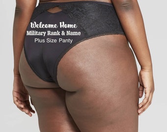 Personalized Panties Plus Size Black Cheeky with Lace, Welcome Home Military Rank and Name * FAST SHIPPING * - Sizes X, XL, 2XL, 3XL and 4XL