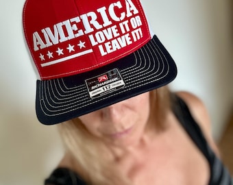 Personalized Trucker Hat, AMERICA Love it or Leave it, 112 Richardson Adult fitted Adjustable snapback Red/White/Navy, Custom Red Hat