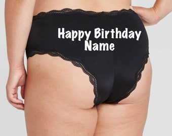 Happy Birthday Plus Size Black Cheeky Personalized Panties with Lace  * FAST SHIPPING * - Sizes X, XL, 2XL, 3XL and 4XL