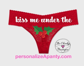 Kiss me under the holly Plus Size Red Thong | Christmas Underwear | * FAST SHIPPING * - Sizes X, XL, 2XL, 3XL and 4XL | Stocking Stuffer