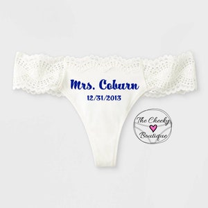 Personalized White Bridal Thong, monogrammed thong, brides something blue, wedding underwear, bridal gift, bridal panty, wedding lingerie
