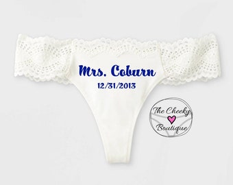 Personalized White Bridal Thong, monogrammed thong, brides something blue, wedding underwear, bridal gift, bridal panty, wedding lingerie