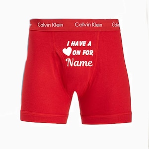 I have a heart on for Calvin Klein red personalized boxer briefs. FAST SHIPPING. cotton anniversary. birthday underwear. funny boxer briefs