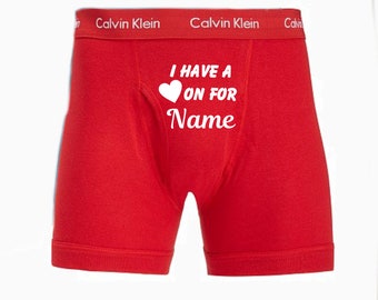 I have a heart on for Calvin Klein red personalized boxer briefs. FAST SHIPPING. cotton anniversary. birthday underwear. funny boxer briefs