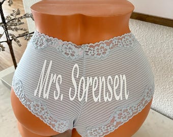 Personalized Mrs. Light Blue Lace Panties: Bridal Shower Gift