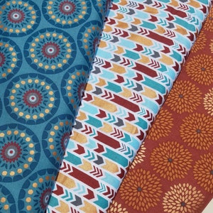 Blue Medallion Fabric, Orange Floral Fabric Cotton Fabric image 1