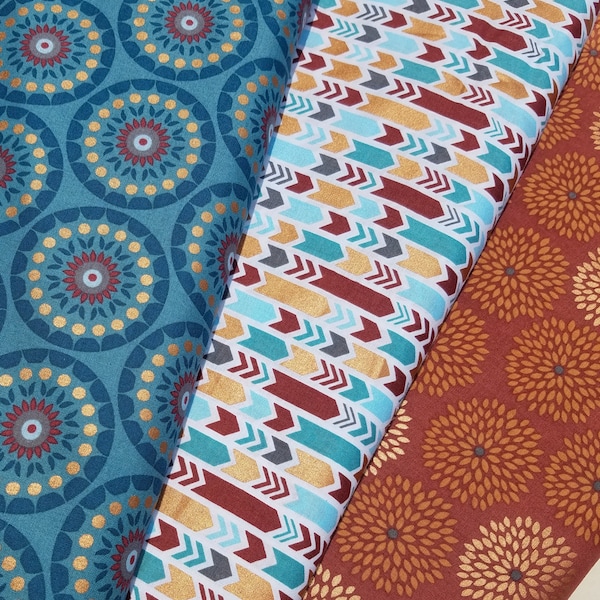 Blue Medallion Fabric, Orange Floral Fabric Cotton Fabric