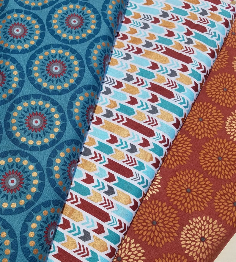 Blue Medallion Fabric, Orange Floral Fabric Cotton Fabric image 1