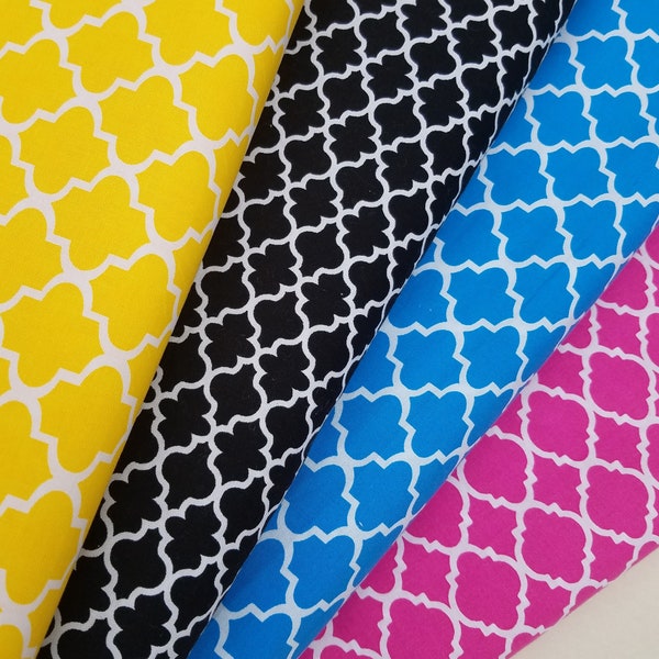 Quatrefoil Fabric, Geometric Fabric, Lattice Cotton Fabric - Black, Blue, Yellow or Magenta