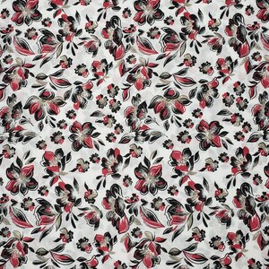 May include: White fabric with a repeating pattern of black and red stylized flowers. The flowers have a vintage look and are outlined in black.