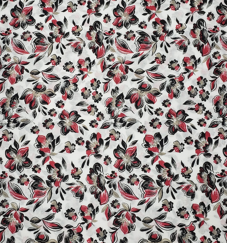 May include: White fabric with a repeating pattern of black and red stylized flowers. The flowers have a vintage look and are outlined in black.