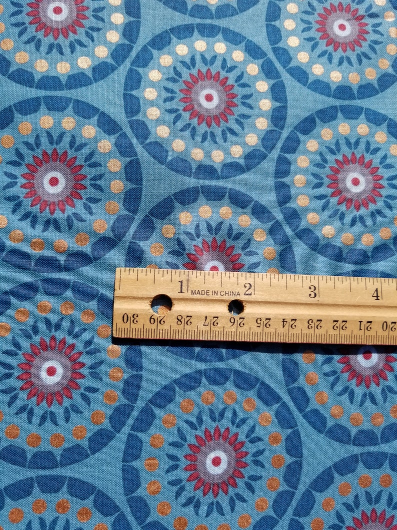 Blue Medallion Fabric, Orange Floral Fabric Cotton Fabric image 3